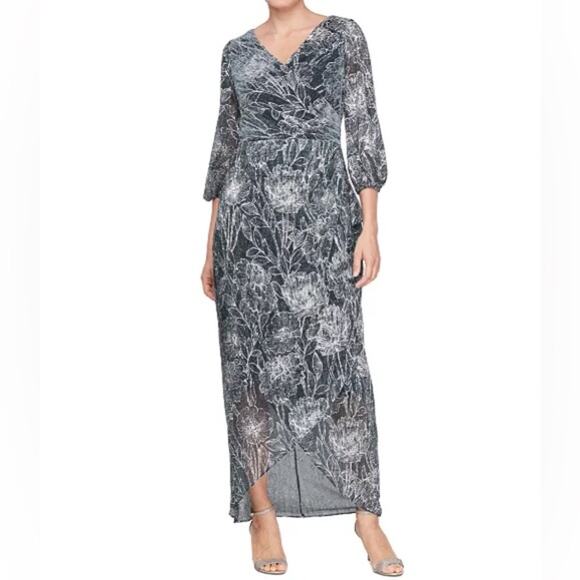 SL Fashions Dresses & Skirts - SL Fashions Metallic Print Blouson-Sleeve High-Low Gown Teal Silver Sz 18